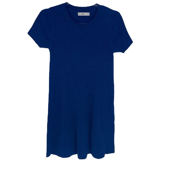 Zara Knit Women's Blue Ribbed Knit Short-Sleeve Crew Neck Dress size Medium - Picture 1 of 7